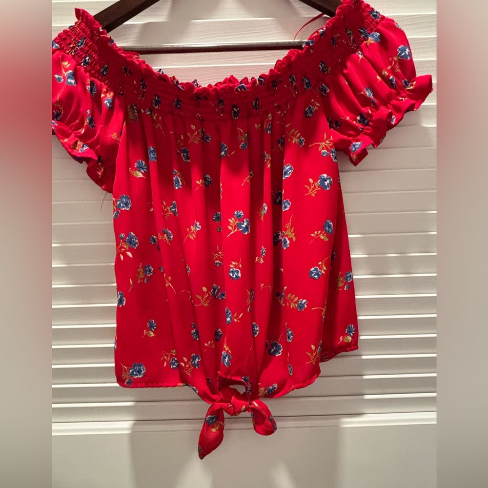 Red Smocked blouse with Blue Floral Pattern
